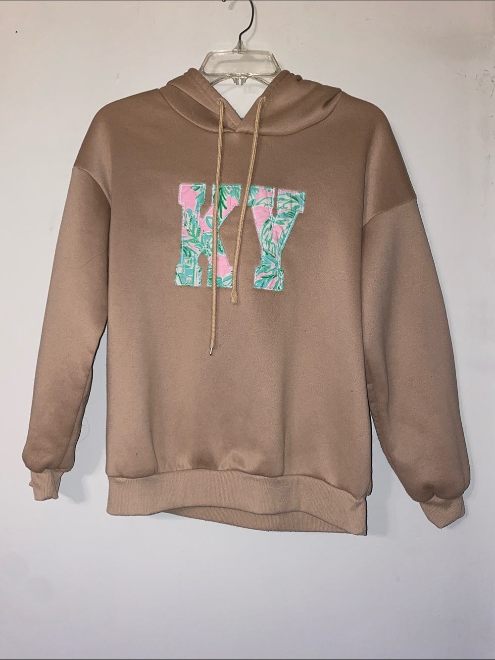 Women's Tan Hoodie with Pink & Green Floral KY Appliquéd Logo